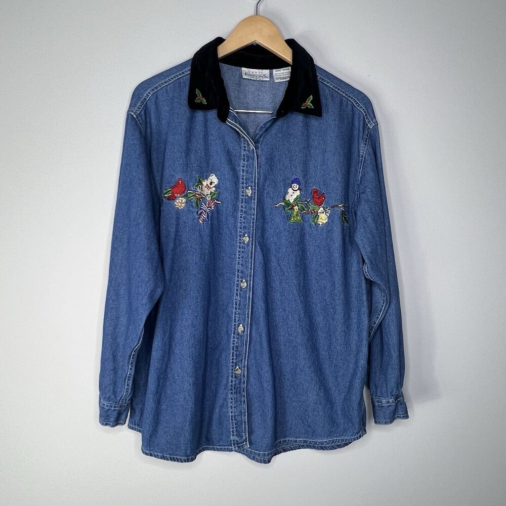 VTG Basic Editions Holiday Christmas Denim Jean Shirt Women’s Sz L Velvet Collar